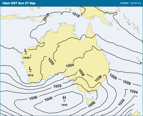 Mean sea-level pressure chart over Australia with highs, lows and isobars